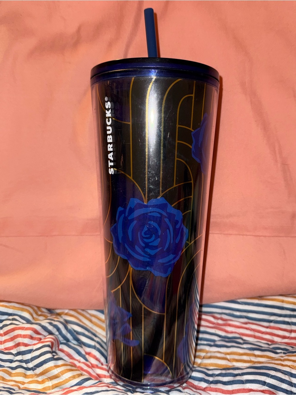 Starbucks Navy and Blue Rose Tall Cold Cup with Gold Accents